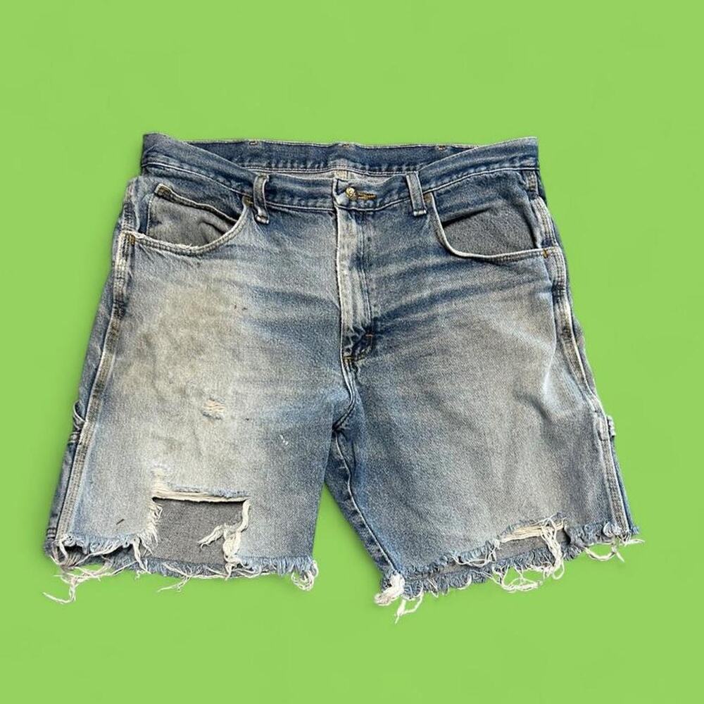 36” x 8” distressed Red Kap blue denim cutoff shorts utility workwear carpenter